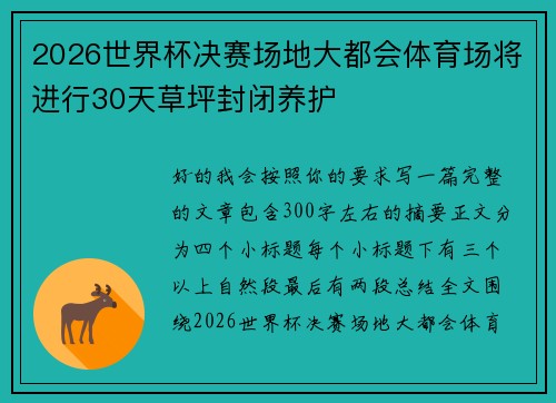 2026世界杯决赛场地大都会体育场将进行30天草坪封闭养护 2026世界杯决赛场地大都会体育场将进行30天草坪封闭养护